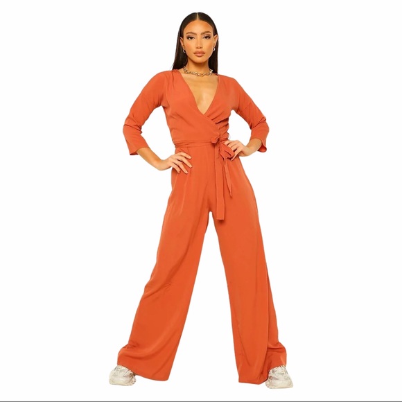 Boohoo Pants - Boohoo Orange Tall Woven Wrap Tie Belt Jumpsuit 8